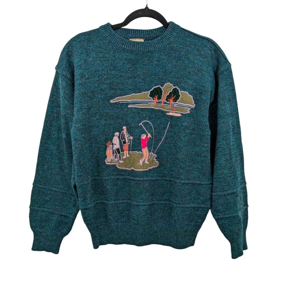 Vintage Angelo Litrico Golf Scene Sweater Men Size M 48/50 Chunky Knit Retro 90s